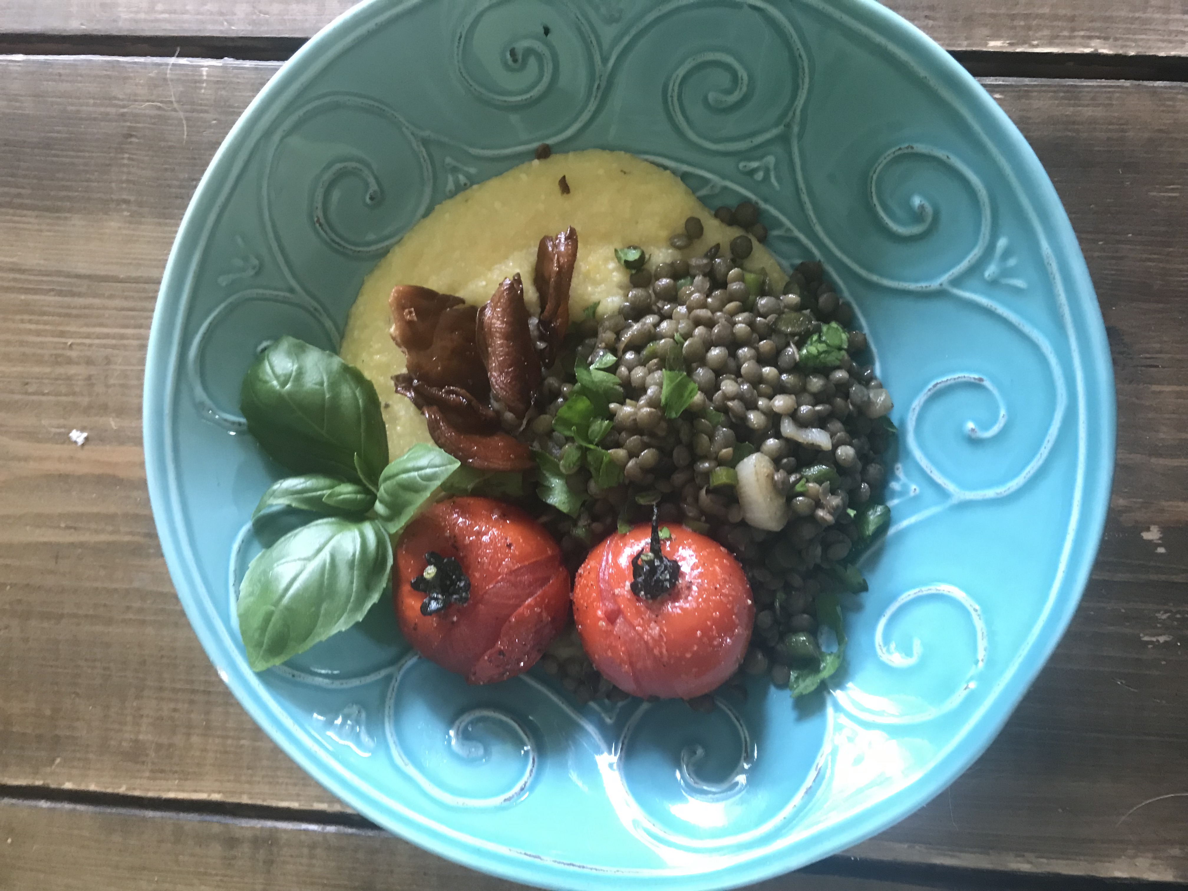 Lentils with Pink Oyster Mushroom Bacon, Roasted Tomatoes, and Truffled Polenta