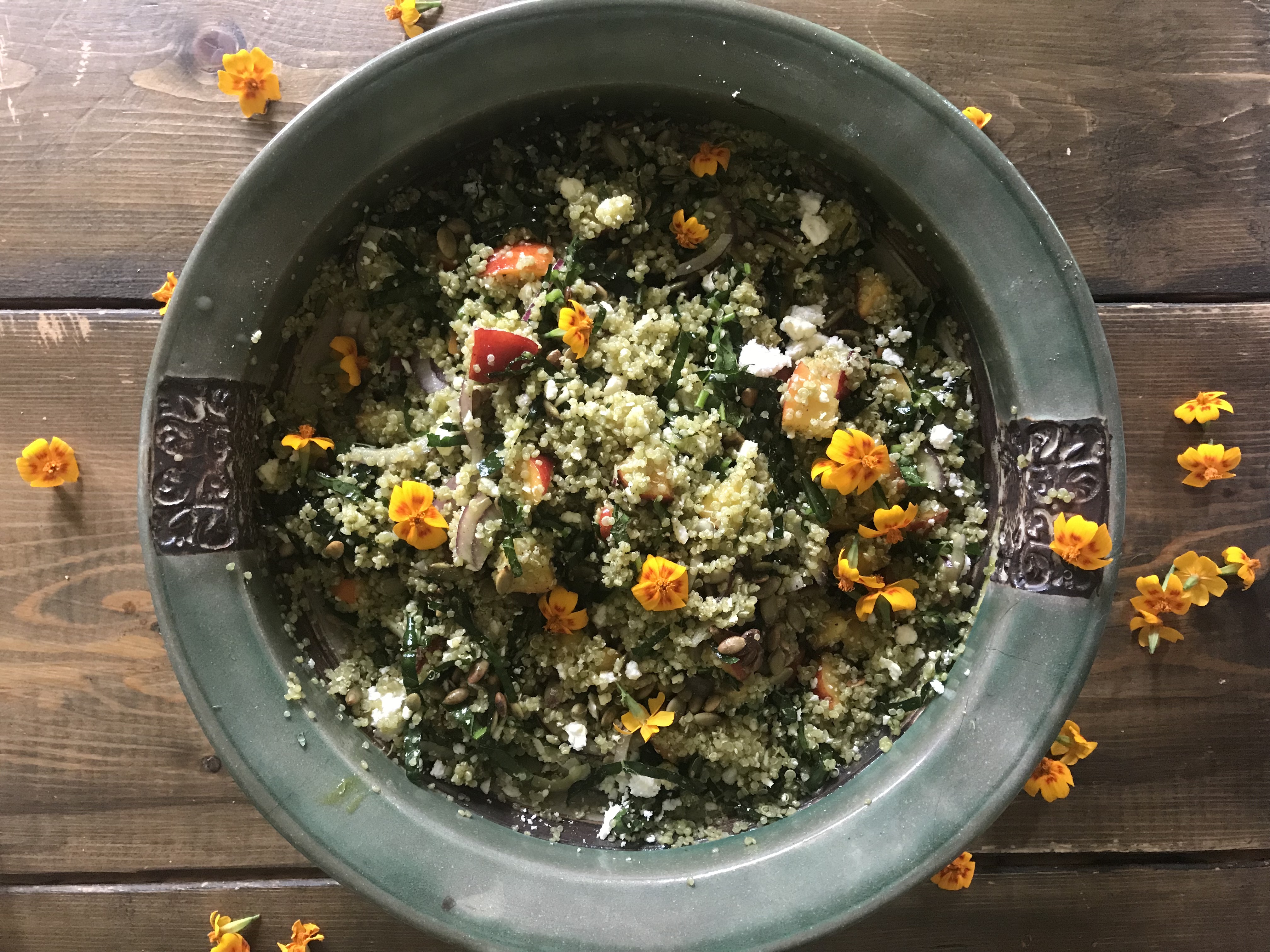 End of Summer Quinoa Salad with Nectarines, Pumpkin seeds, Kale ribbons in a Basil Vinaigrette