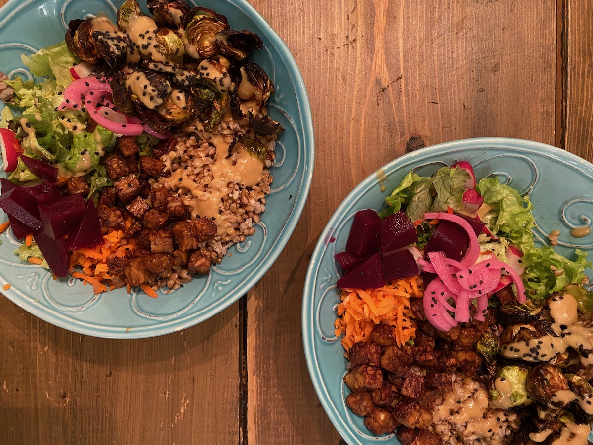 Crispy Brussels Sprouts Bowl with Tempeh, Farro, Miso Dressing and Rayu
